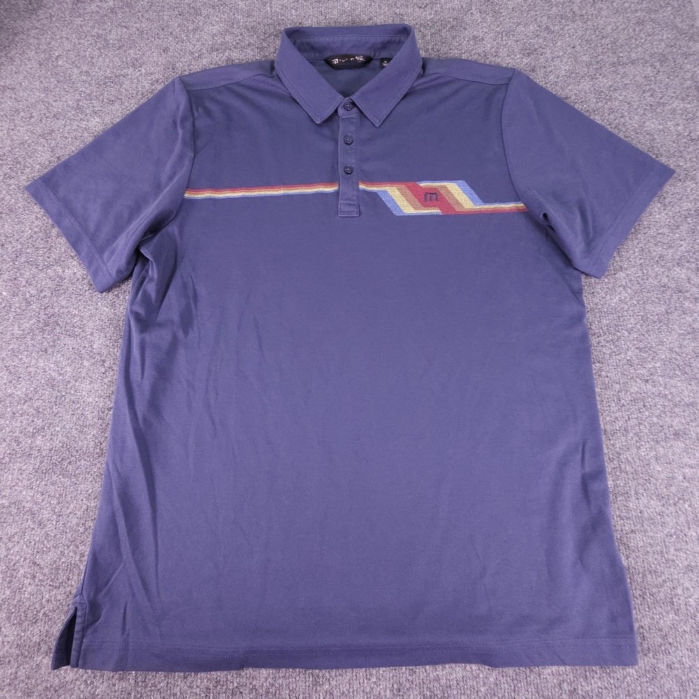 TravisMathew Polo Shirt Mens Extra Large Blue Golf Stripe TM Logo Short Sleeve